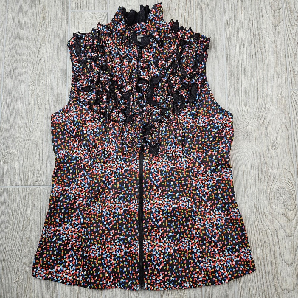 DS by‎ Debbie Shuchat Vest Womens 12 Black Polka Dot Ruffle Zip Sleeveless Top